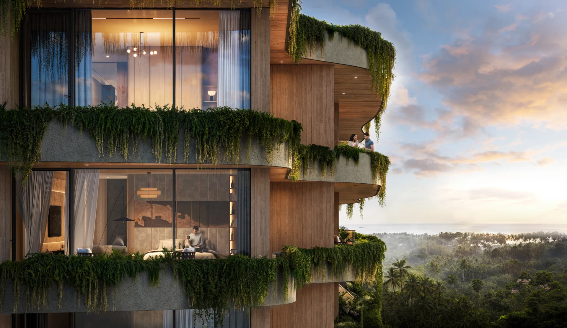 Planted facade of Layan Verde Building B3 at sunset